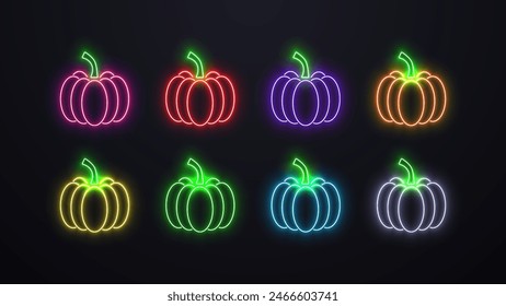 Iconos de calabaza de neón en diferentes colores sobre un fondo oscuro