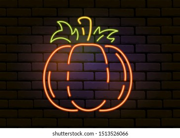 Neon pumpkin on a brick wall. Halloween illustration. Night light, signboard.
