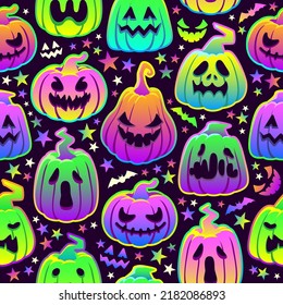 Neon pumpkin pattern. Halloween pumpkins seamless background, multicolor scary ghost faces prints fall season celebration, spooky funny jack lantern, ingenious vector illustration of neon pumpkin