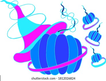 Neon pumpkins witch with hat and circles.