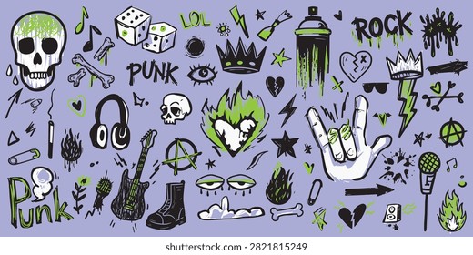Neon Punk Doodle Elements Pack Rock Icons, Skulls and Graffiti Symbols