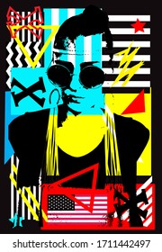 Neon punk, Indian girl silhouette with sunglasses and American, USA flag. Colorful graffiti background.