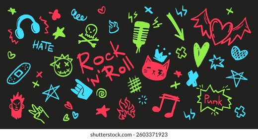 Neon punk rock doodle icons in vibrant colors. Various hand drawn music symbols and graffiti elements in energetic underground style for stickers, apparel or tattoo. Crayon or chalk textured shapes.