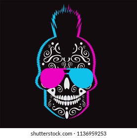 Neon punk skull icon with sunglasses 