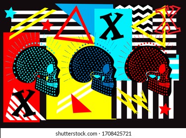 Neon punk skull on vivid colors background funky pop art