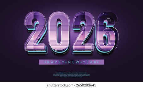 Neon purple 2026 numerals with light blue borders on dark background New Year