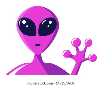 Neon purple alien showing peace sign closeup. vector illustration. Martian face with large eyes.  Extraterrestrial invasion concept.