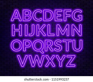 Neon purple alphabet on brick wall background. Capital letter.