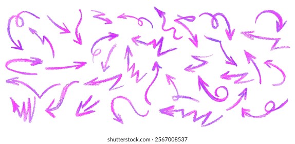 Neon purple arrows set. Wax crayon drawing grafitti elements in acid pink color. Collection of vector charcoal outline symbols of direction indicators. Graffiti lightning icons Children drawing style