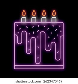 Neon purple birthday cake with dripping icing and candles glowing on a black background
