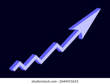 Neon purple blue 3d large arrow up sign isolated on black background. Bar chart. Graph. Rising price. Market volatility. Rate. Symbol. Interface Elements. Business And Finance concept. Tech card. VR.