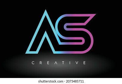 AS Neon Purple Blue Letters Logo Design. AS Outline Letter Icon Vector on Black Background Illustration