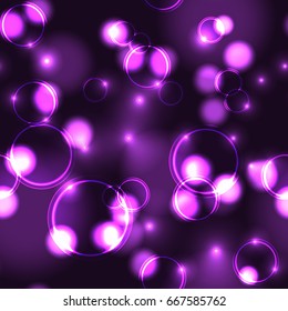 Neon purple bokeh effect seamless pattern. Dark background with Glowing sparkling circles and rings in pink colors. 