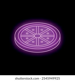 Roda de roleta de cassino roxo neon está brilhando em um fundo preto, criando um visual vibrante e cativante