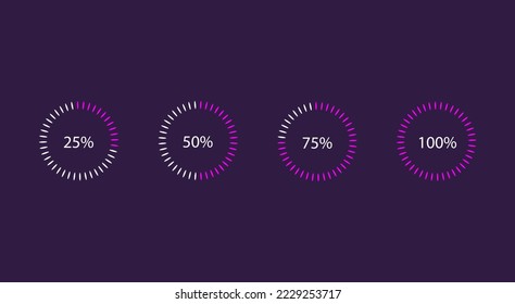  Neon purple circle progress bar for mobile apps, UI, web. Percentage pie chart set. Vector gradient loading indicator.