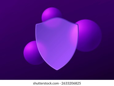 Neon purple cybersecurity shield with floating spheres