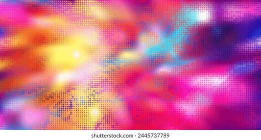 Neon purple disco music background with halftone raster effect. Abstract night club vector bg with gradient mesh and overlay pattern. Blurred motion lights and glares.