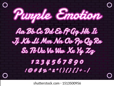 Neon purple font light alphabet (uppercase and lowercase), multicolored glowing alphabet. Bright light neon letters, numbers and symbols. Night club letters on a dark brick wall.
