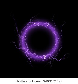 Neon purple frame with lightning. Vector illustration of a glowing electric circle with dynamic lightning strikes set on a sleek black isolated background for digital use.