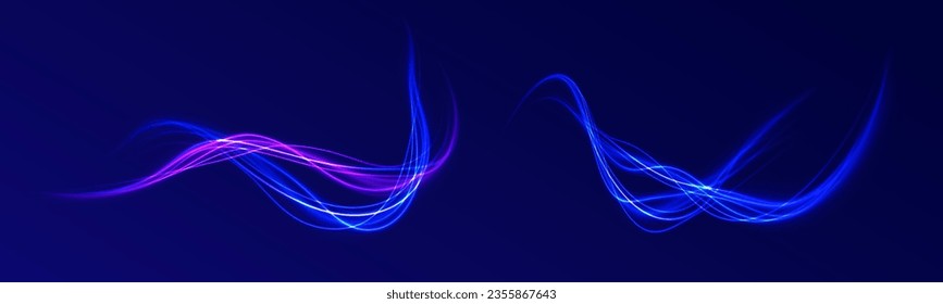 Neon purple glitter fire wave lines with flying sparkling flares. Dynamic motion light trails on dark blue background. Energy flow tunnel. Vector light tracing effect. Neon swirl, spiral. Magic circle