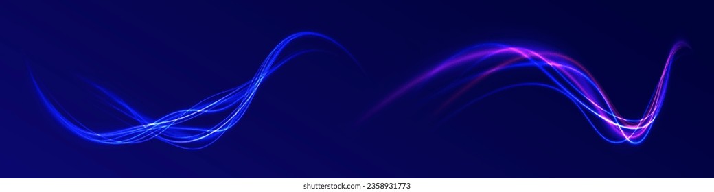 Neon purple glitter fire wave lines with flying sparkling flares. Dynamic motion light trails on dark blue background. Energy flow tunnel. Vector light tracing effect. Neon swirl, spiral. Magic circle