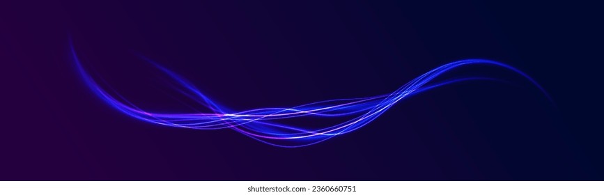 Líneas de onda de fuego de neón violeta con bengalas brillantes voladoras. La luz dinámica de movimiento sigue el fondo azul oscuro. Túnel de flujo de energía. Efecto de seguimiento de la luz del vector. Giro de neón, espiral. Círculo mágico