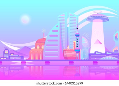 Neon, purple, glowing and modern style for fantastic projects. For game art and business. Сoncept of a fantastic city