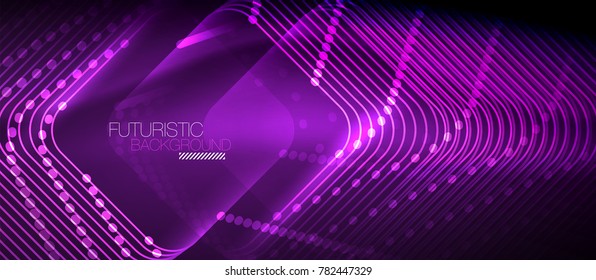 Neon purple glowing techno lines, hi-tech futuristic abstract background template with square shapes