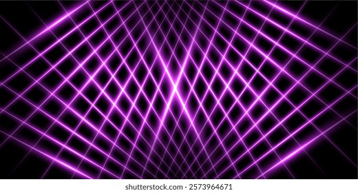 Neon purple grid background. Pink digital game pattern. Magenta perspective backdrop with diagonal lines. Abstract techno futuristic vector illustration.