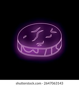 Patty de hambúrguer roxo de néon brilhando sobre fundo preto, perfeito para restaurantes de fast food e menus