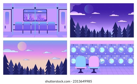 Neon purple interiors, landscapes lo fi chill wallpaper set. Skyline forest. Laundry, rail travel 2D vector cartoon illustrations pack, vaporwave background. 80s retro album art, synthwave aesthetics