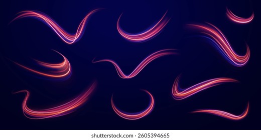 Neon purple line stretches with speed on an expressway, creating an effect of blue light in the background. Abstract futuristic police aesthetics blend with bright design in vector illustration png