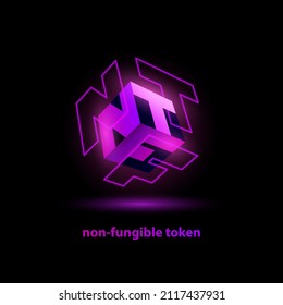 Neon purple NFT text icon. NFT Abbreviation on the faces of a 3D cube with laser projection.
