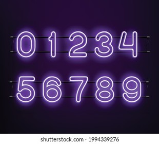 Neon Purple Numbers Vector Illustration. Purple Neon Light. Realistic Glowing Numbers. 0-9 numbers.