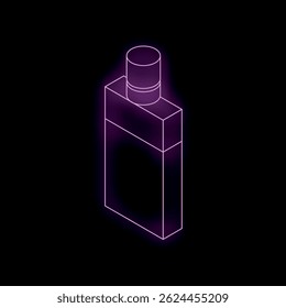 Neon purple perfume bottle glowing on dark background, vaporwave aesthetics, isometric view
