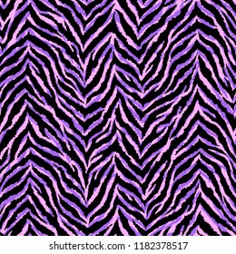Neon purple and pink zebra fur texture seamless pattern. Exotic animal vector background. 
