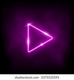Neon purple play button 3d vector illustration. Abstract shiny circle ring on black background with glowing triangle. Play icon, Press to start. Multimedia, audio, video, cinema, music.