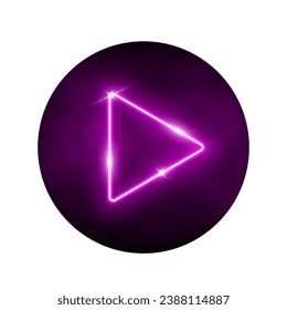 Neon purple play button 3d vector illustration. Abstract shiny circle ring on black background with glowing triangle. Play icon, Press to start. Multimedia, audio, video, cinema, music.