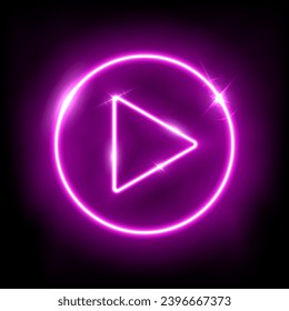 Neon purple play button 3d vector illustration. Abstract shiny circle ring on black background with glowing triangle. Play icon, Press to start. Multimedia, audio, video, cinema, music.