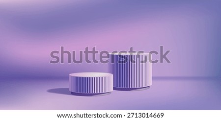 Neon purple poduim, 3d platform for product ads. Dark stage pedestal of two steps. Abstract studio scene, marble room pillars. Pink blue skincare winner display limbo. Clear modern geometric showcase