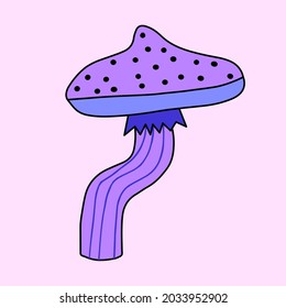 neon purple psychedelic mushroom in the style of the festivals of the 70s and 80s. Hand drawn acid trippy art - cap sticker. Tattoo and plotter template