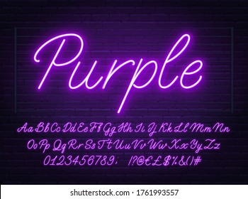 Neon Purple Script Font. Glowing Alphabet With Letters, Numbers And Special Characters.