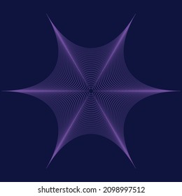 Forma de tela de araña morada con efecto de ilusión óptica, radiando líneas delgadas. Expandiendo elemento geométrico. Fondo tecnológico azul oscuro. Concepto tecnológico. Ilustración vectorial, eps 10.