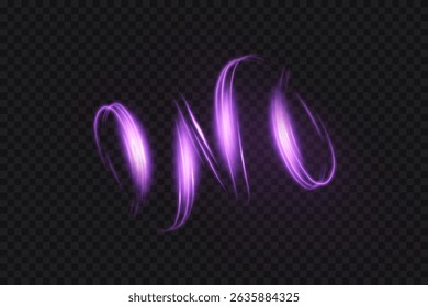 Neon purple swirl effect with dynamic glowing curves and motion blur on transparent background. 