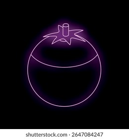 Neon purple tomato shining on black background, representing healthy food, vegan and vegetarian lifestyle, and freshness