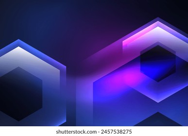 Neon purple triangles and glowing hexagons on an electric blue background create a visually stunning visual effect lighting in gasfilled hues of magenta and violet