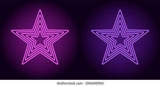 Neon purple and violet star. Vector illustration of neon star consisting of five outlines, with backlight on the dark background