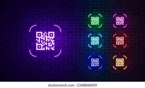 Signo de código QR Neon. Análisis brillante conjunto de iconos de código QR. Ilustración del vector