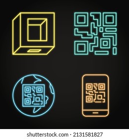Neon QR codes and qrcode scanner icon set in line style. Vector illustration.