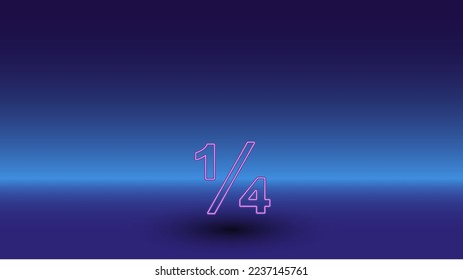 Neon quarter fraction symbol on a gradient blue background. The isolated symbol is located in the bottom center. Gradient blue with light blue skyline